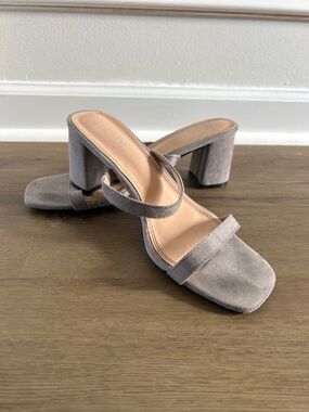 Block Heel Slip-On Sandals in Taupe
